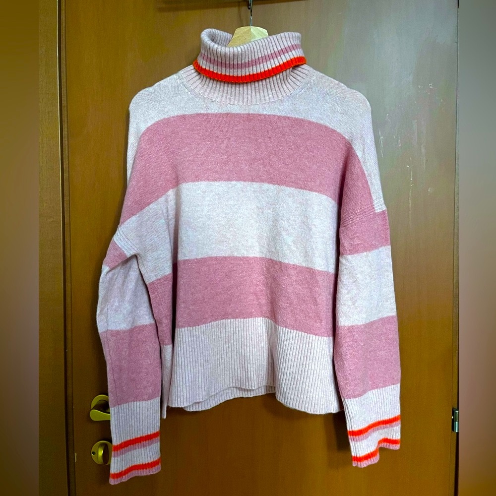 J Crew Striped Pink and Orange Turtleneck Sweater, Medium
